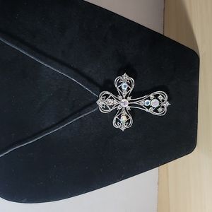 Silver-Tone Filigree Cross Pendant with Aurora Borealis Rhinestones